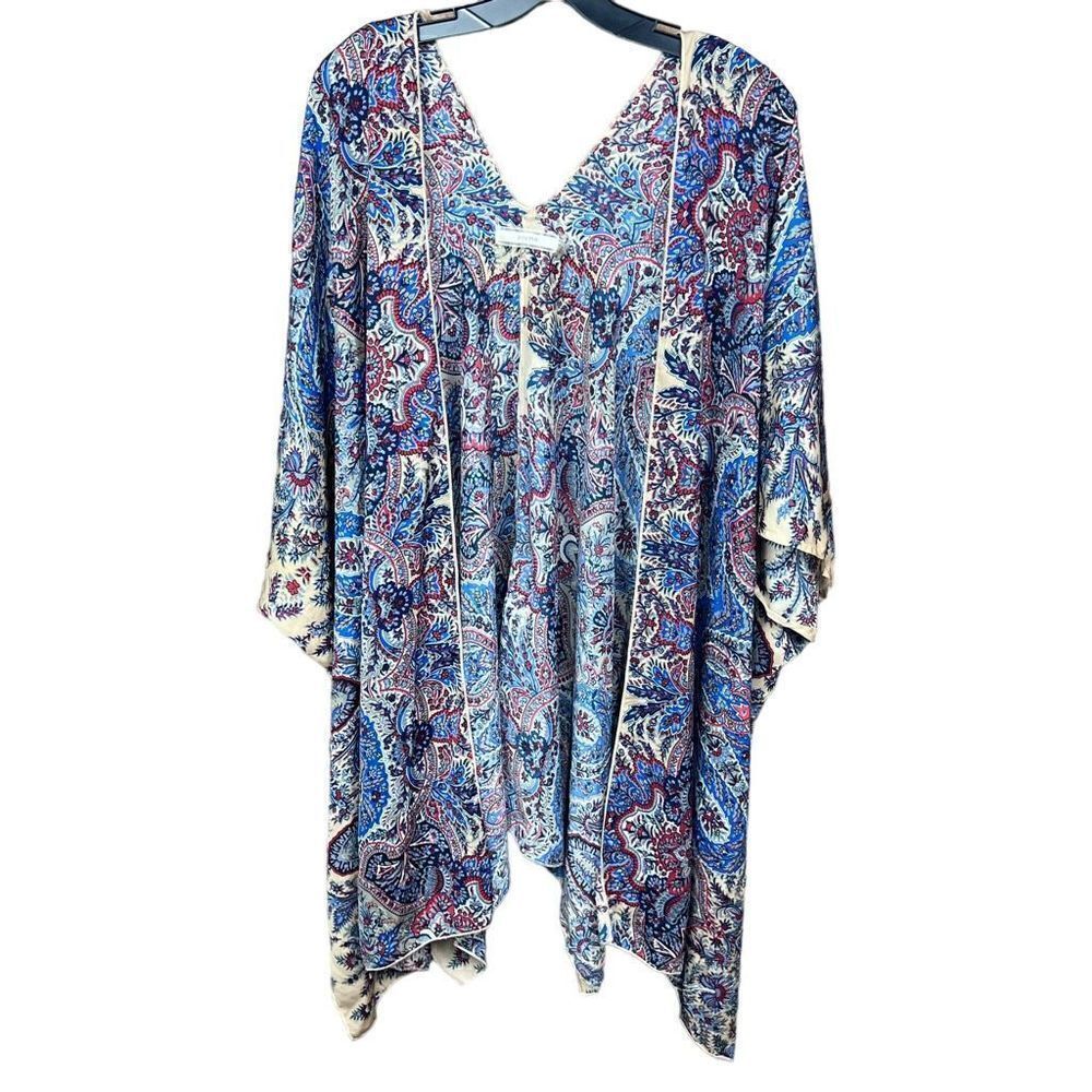 Poema Kimono Robe Duster Blue Red Black Cream Paisley Print Women OS